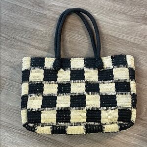 JCREW Black and Cream Checkered Woven Tote Bag NWT